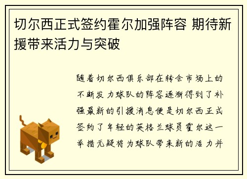 切尔西正式签约霍尔加强阵容 期待新援带来活力与突破 切尔西正式签约霍尔加强阵容 期待新援带来活力与突破